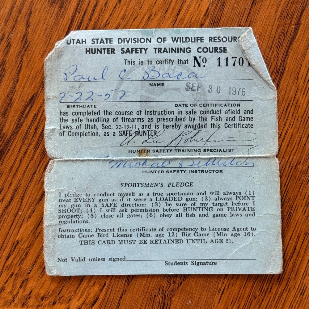 Vintage Utah State Wildlife Hunter Safety Training Course Certificate 1976 Blue